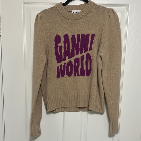 Ganni Tan and Purple Crew Neck Sweater - Picture 1 of 6